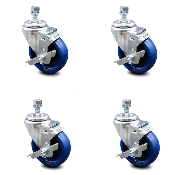 4 Inch Solid Polyurethane Swivel 12mm Threaded Stem Caster Set with Brake